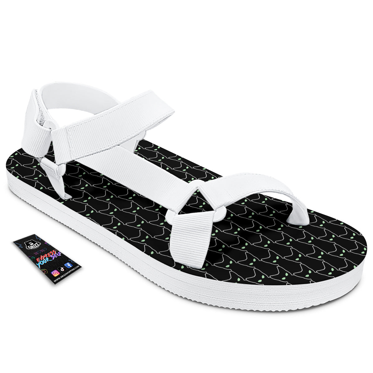 Black Cat Alien Print Pattern White Open Toe Sandals-grizzshop