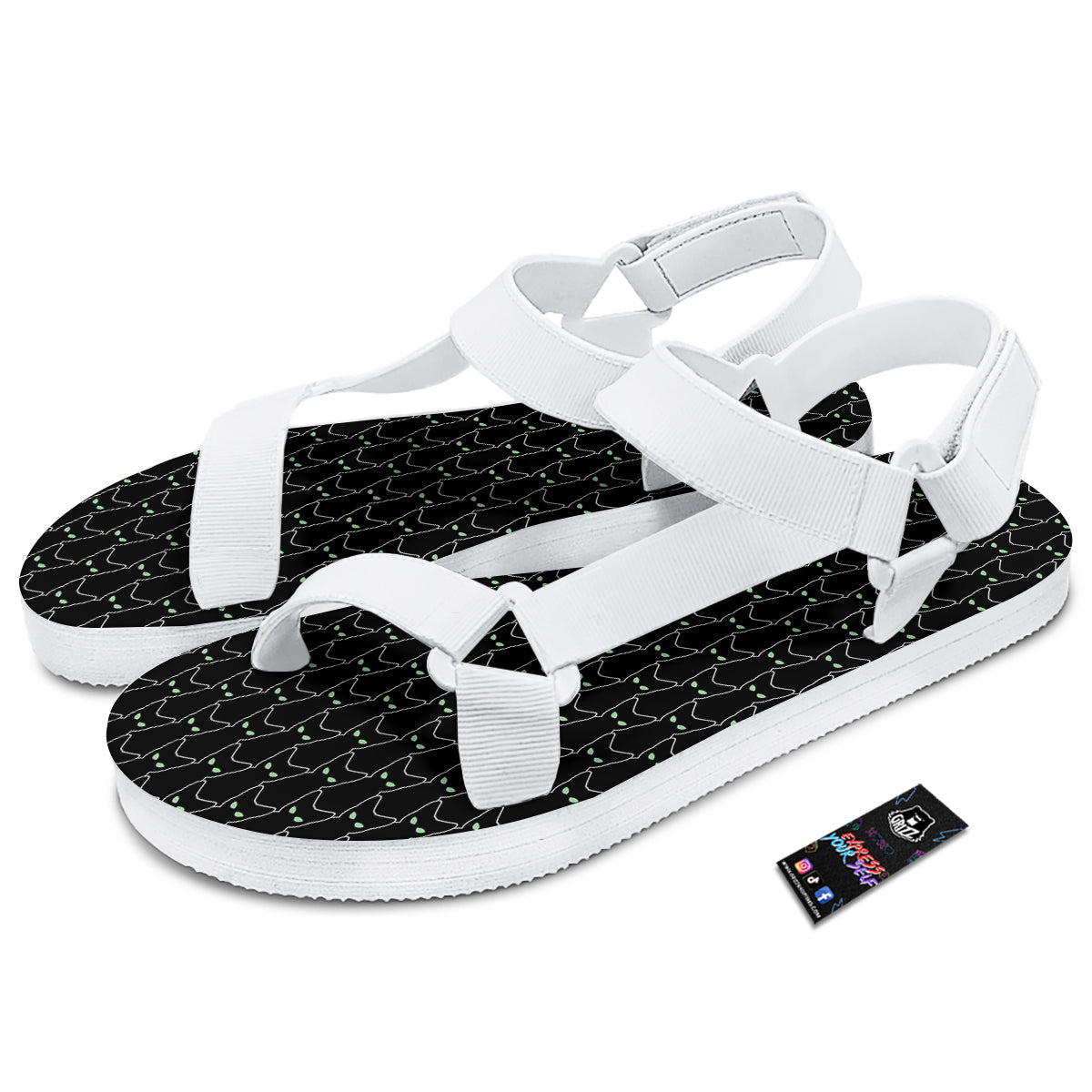 Black Cat Alien Print Pattern White Open Toe Sandals-grizzshop