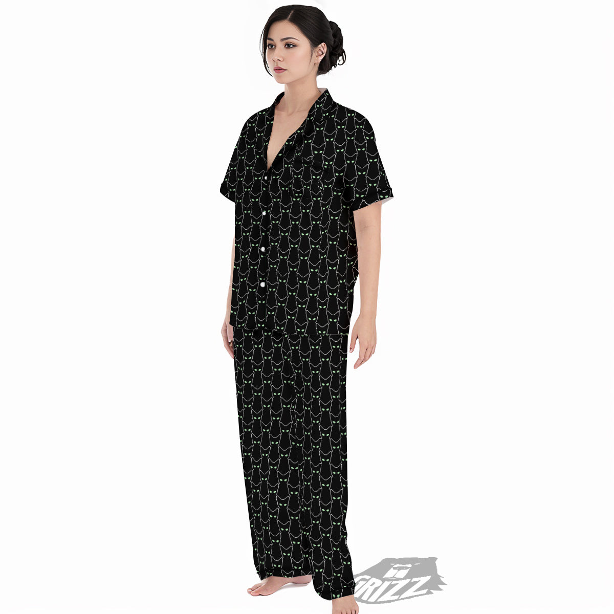 Black Cat Alien Print Pattern Women's Pajamas Set-grizzshop