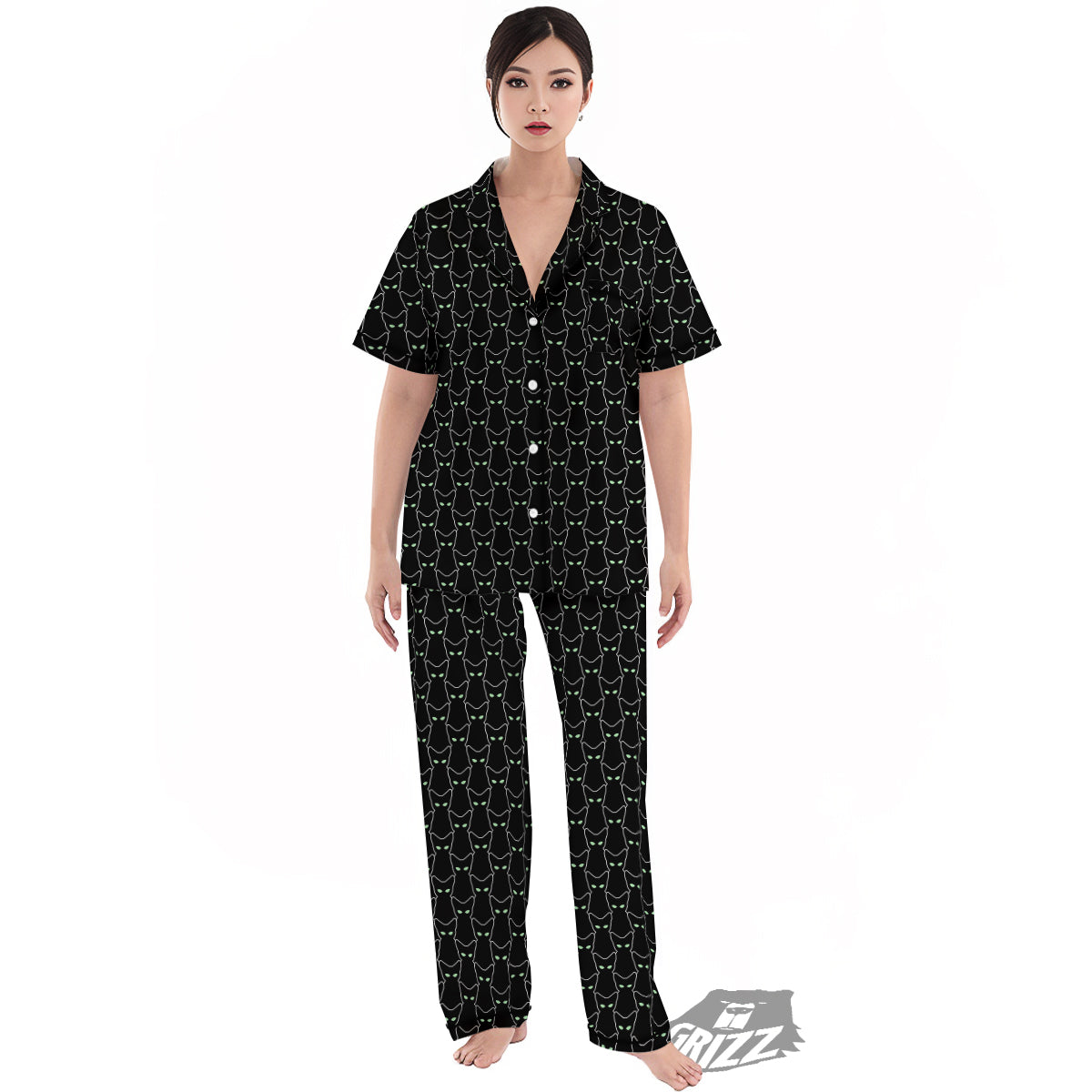 Black Cat Alien Print Pattern Women's Pajamas Set-grizzshop