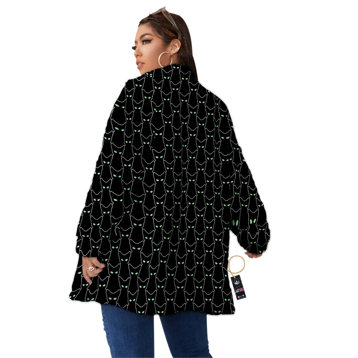 Black Cat Alien Print Pattern Women's Sherpa Jacket-grizzshop