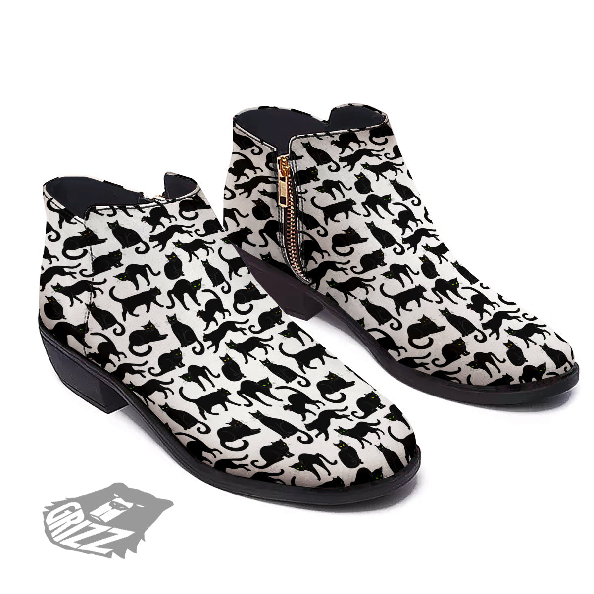 Black Cat And White Print Pattern Ankle Boots-grizzshop