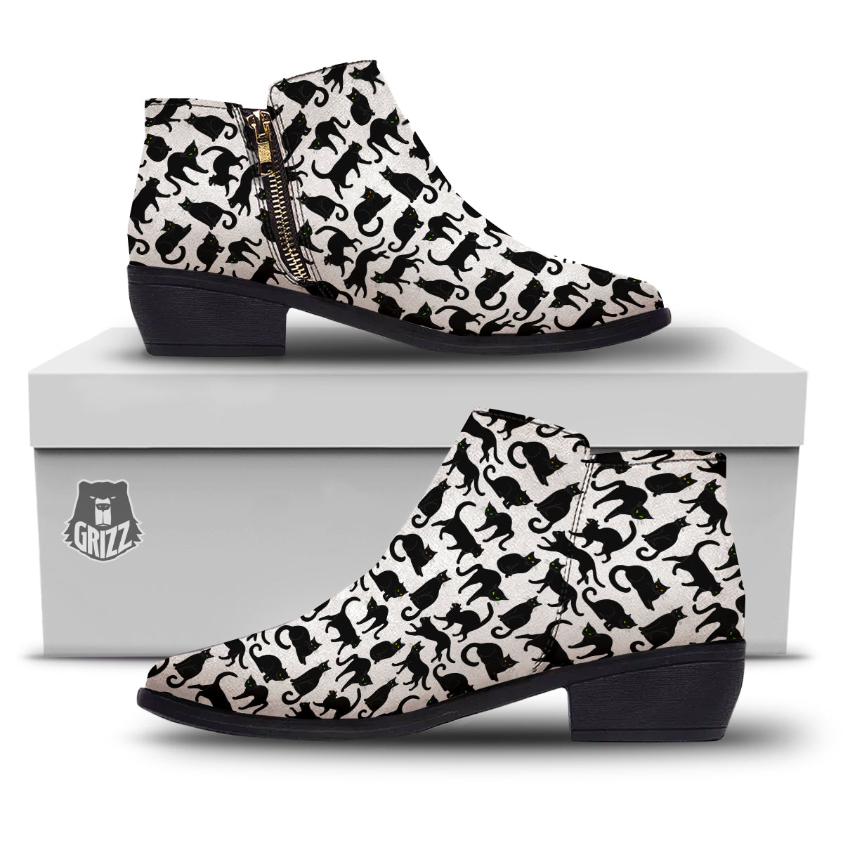 Black Cat And White Print Pattern Ankle Boots-grizzshop