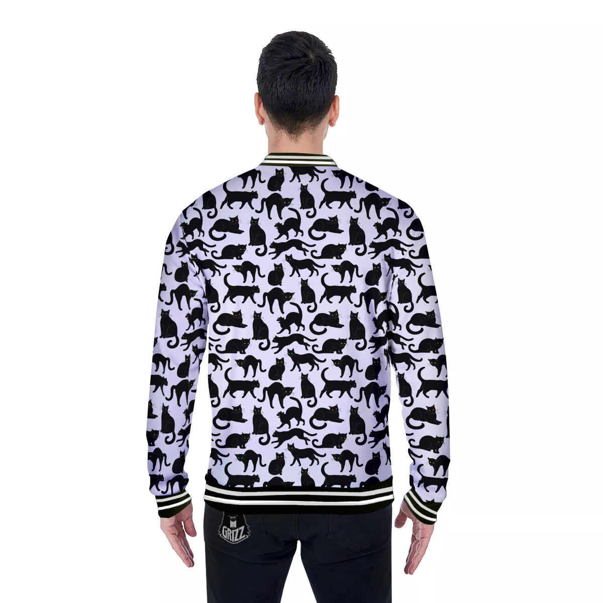 Black Cat And White Print Pattern Baseball Jacket-grizzshop