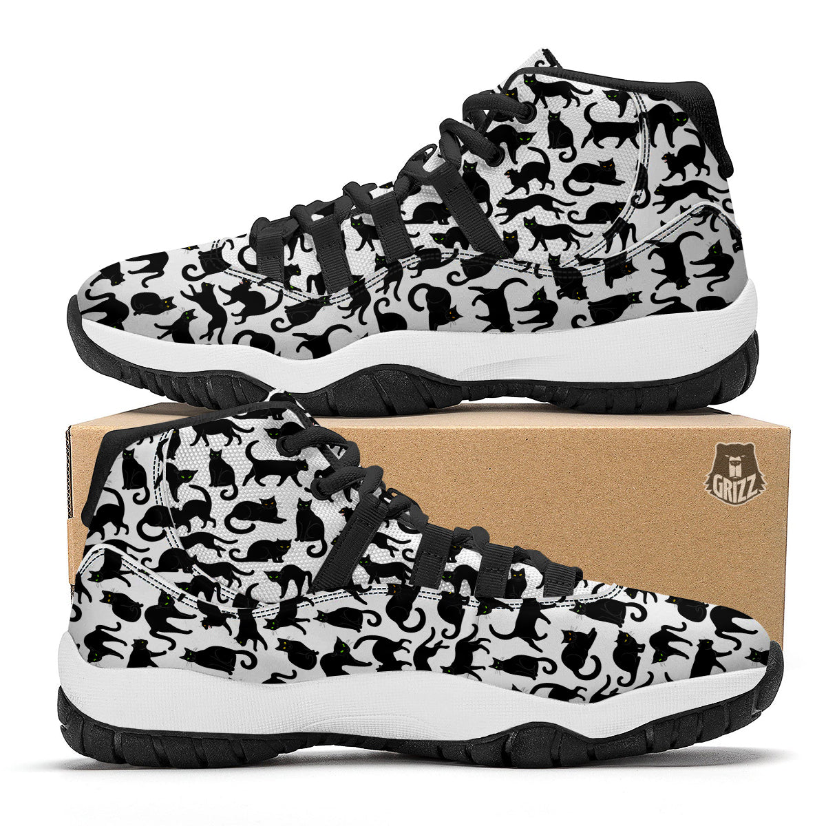 Black Cat And White Print Pattern Black Bball Shoes-grizzshop