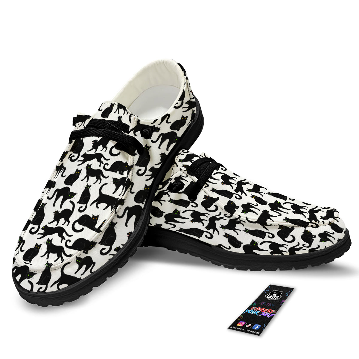 Black Cat And White Print Pattern Black Loafers-grizzshop
