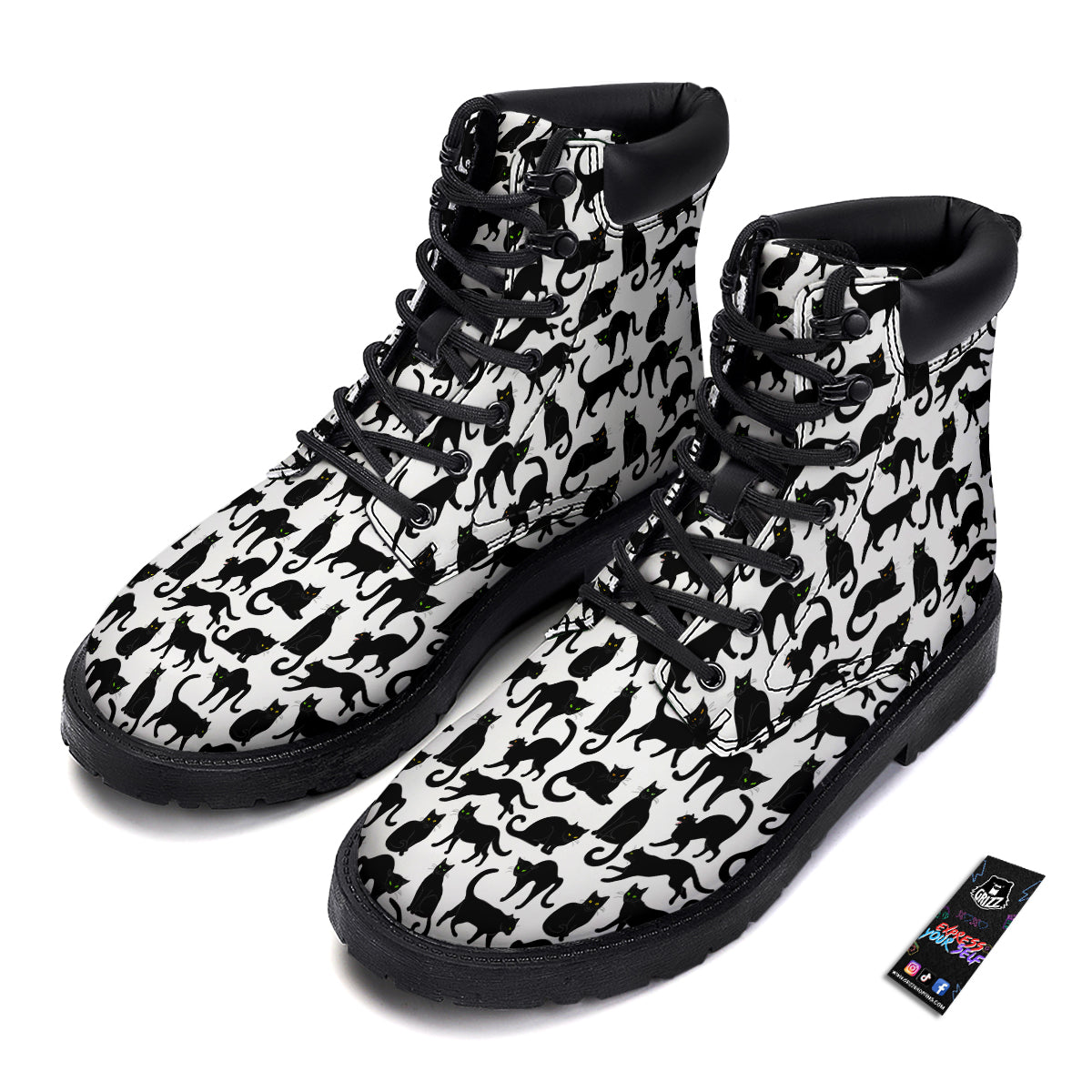 Black Cat And White Print Pattern Boots-grizzshop
