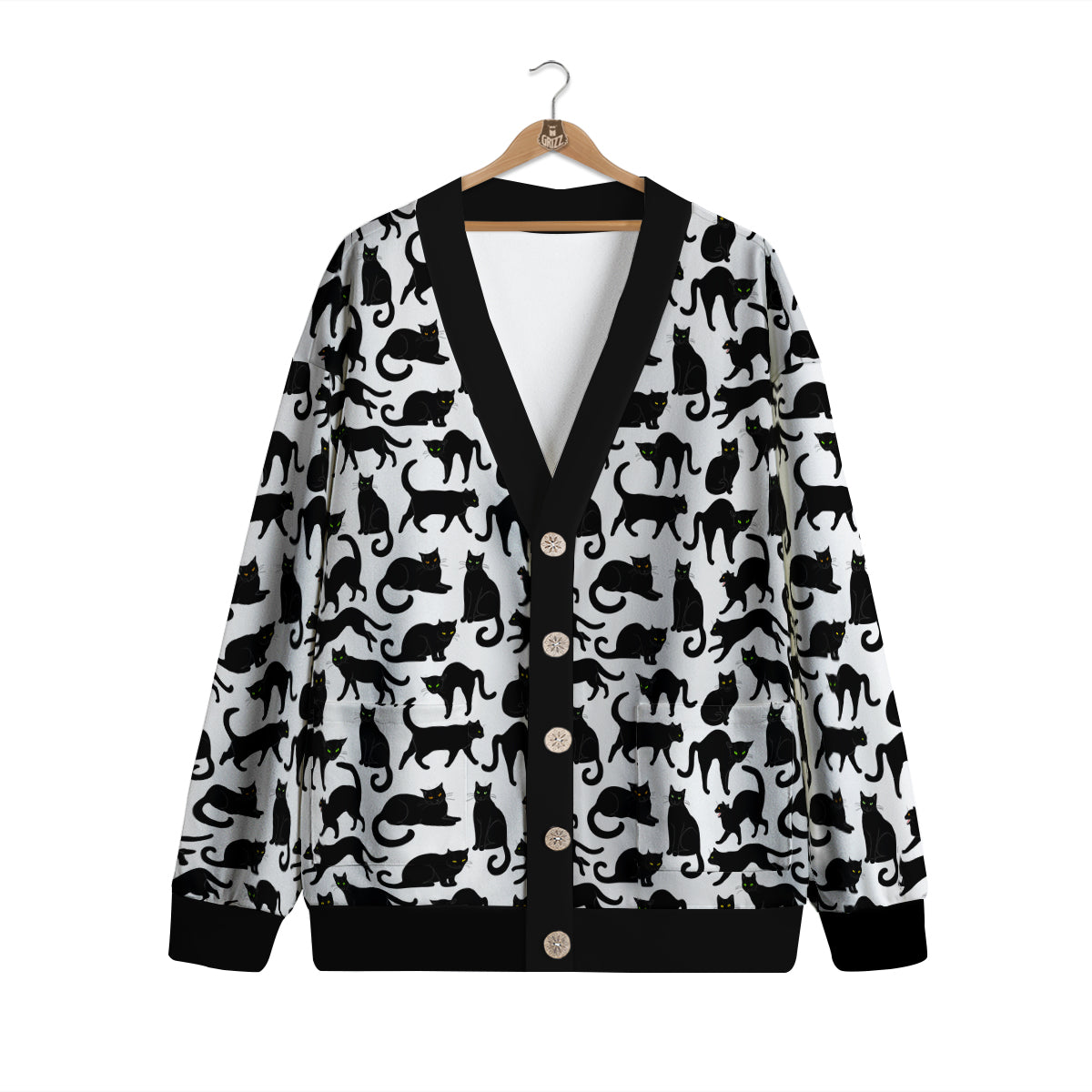 Black Cat And White Print Pattern Cardigan-grizzshop