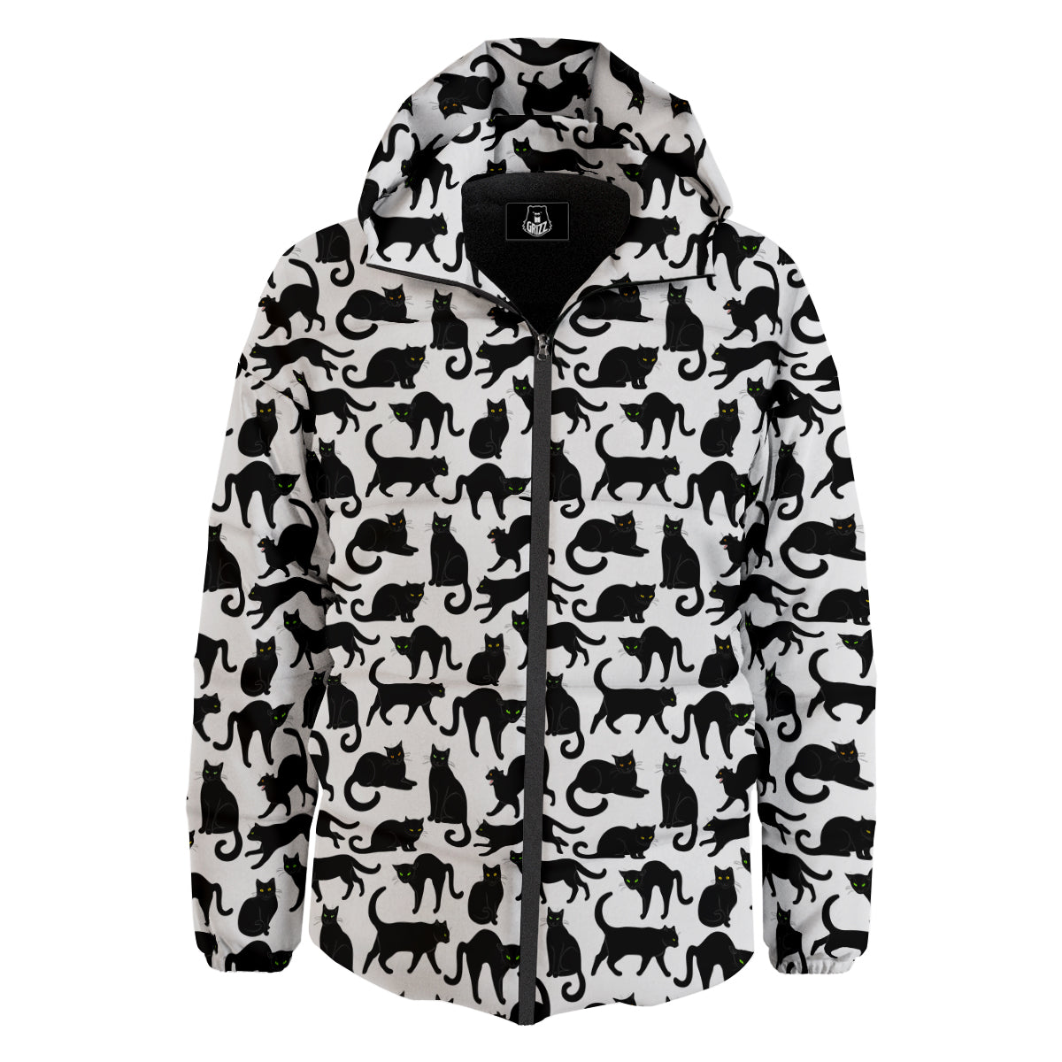 Black Cat And White Print Pattern Down Jacket-grizzshop