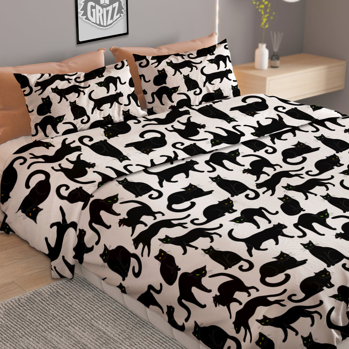 Black Cat And White Print Pattern Duvet Cover Bedding Set