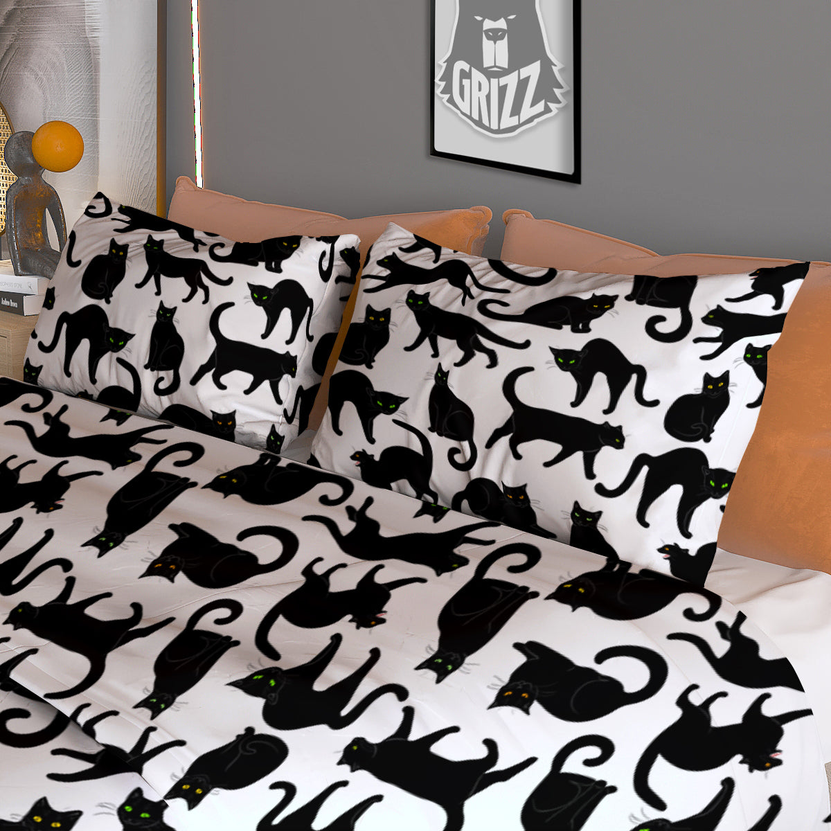 Black Cat And White Print Pattern Duvet Cover Bedding Set