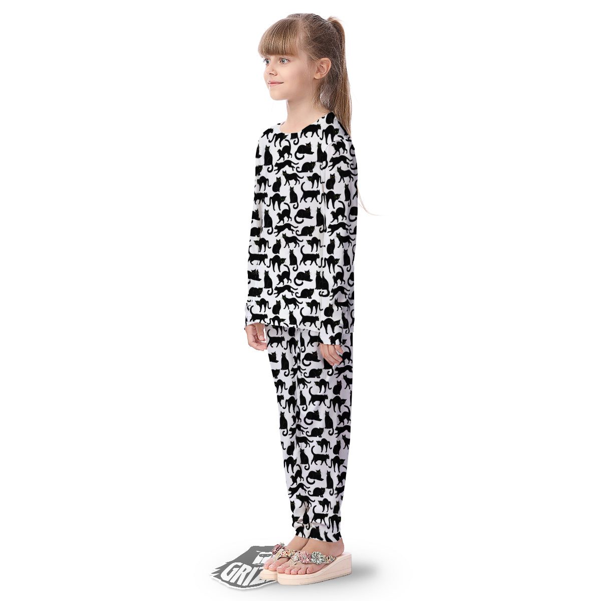 Black Cat And White Print Pattern Kid's Pajamas-grizzshop