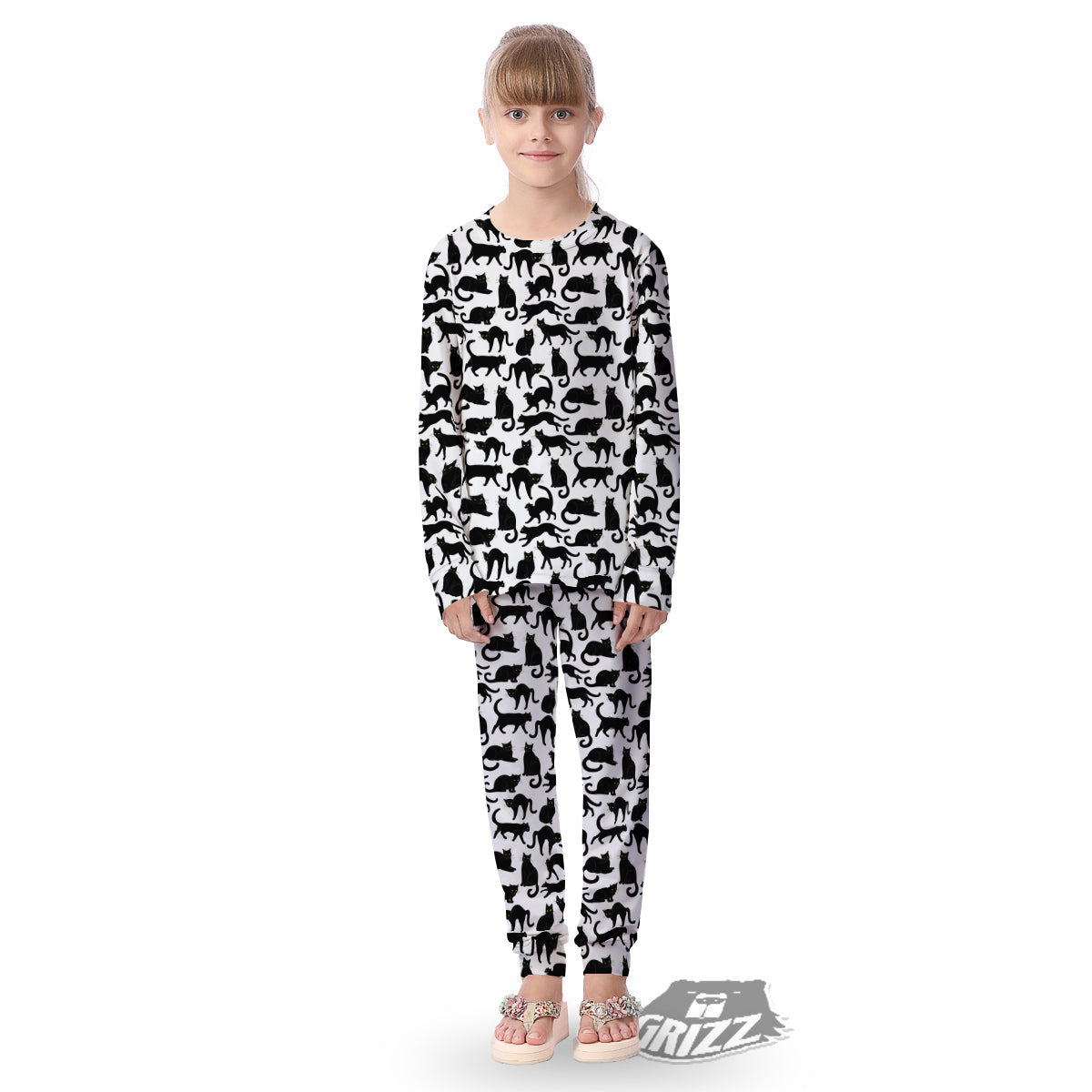 Black Cat And White Print Pattern Kid's Pajamas-grizzshop