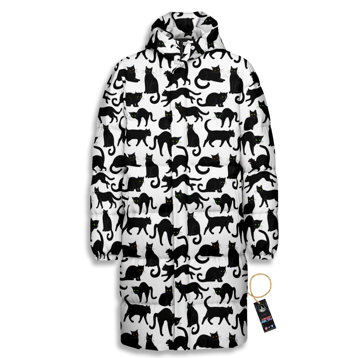 Black Cat And White Print Pattern Long Down Jacket-grizzshop