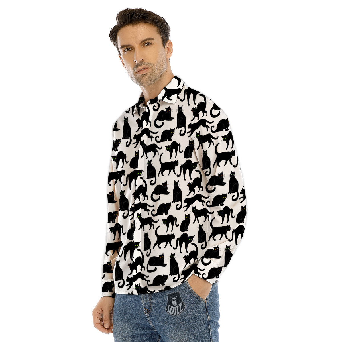 Black Cat And White Print Pattern Men's Dress Shirts-grizzshop