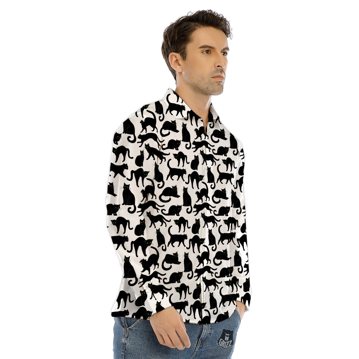 Black Cat And White Print Pattern Men's Dress Shirts-grizzshop