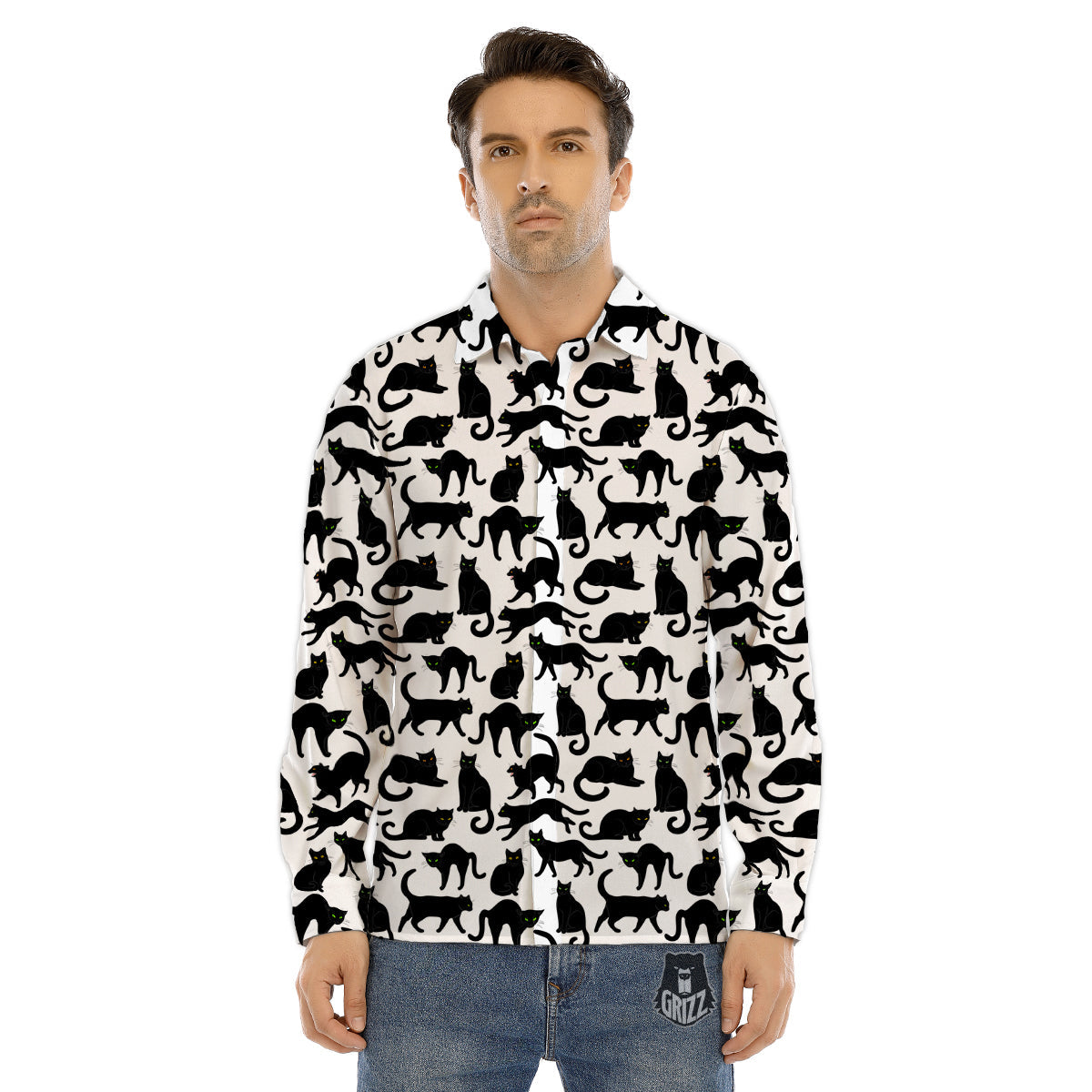 Black Cat And White Print Pattern Men's Dress Shirts-grizzshop