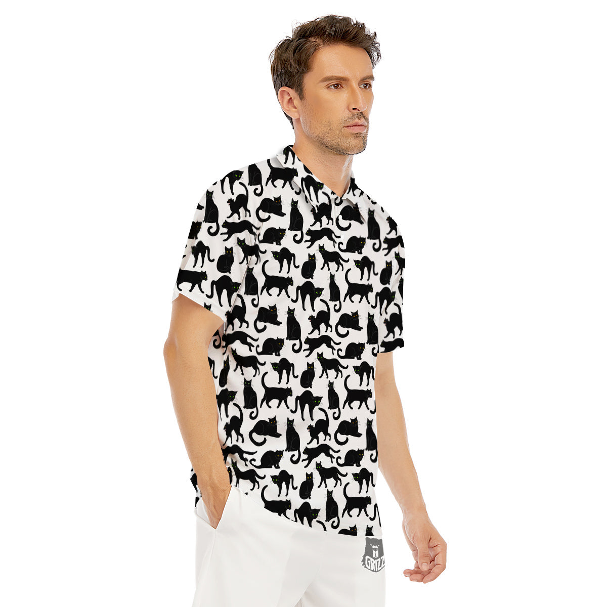 Black Cat And White Print Pattern Men's Golf Shirts-grizzshop