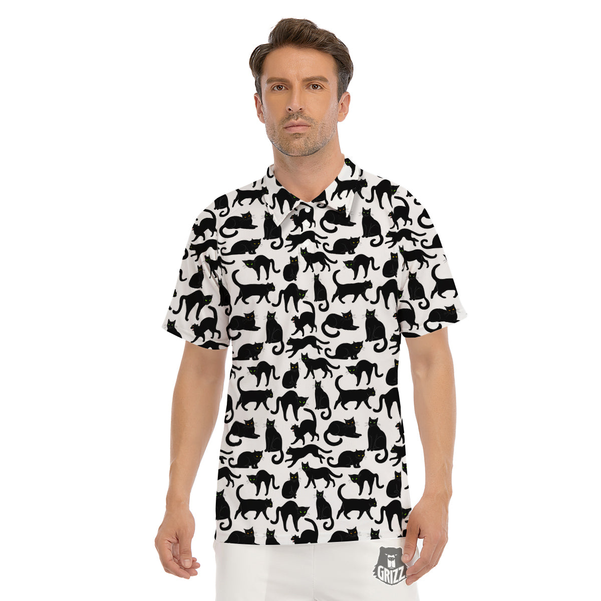 Black Cat And White Print Pattern Men's Golf Shirts-grizzshop
