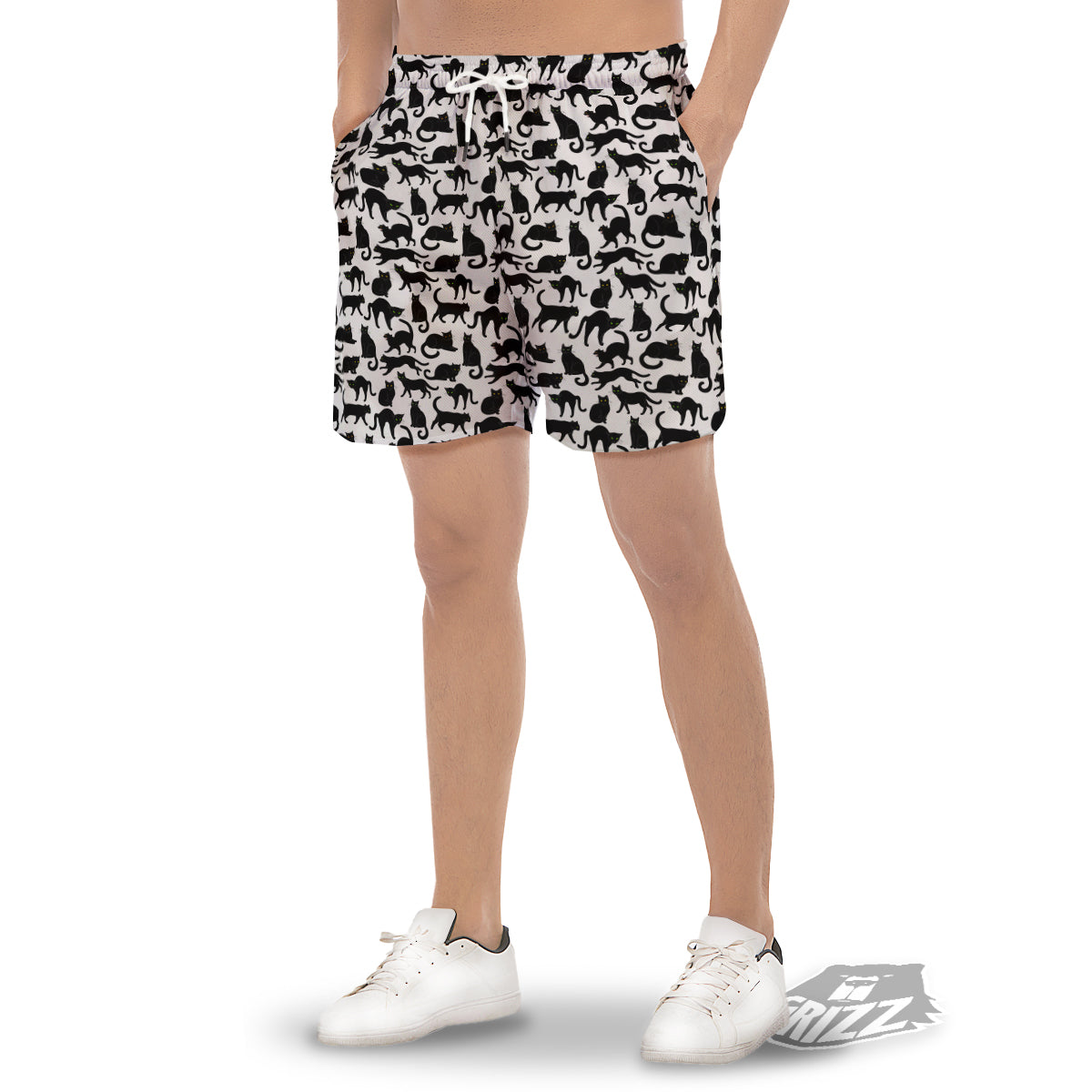 Black Cat And White Print Pattern Men's Gym Shorts-grizzshop