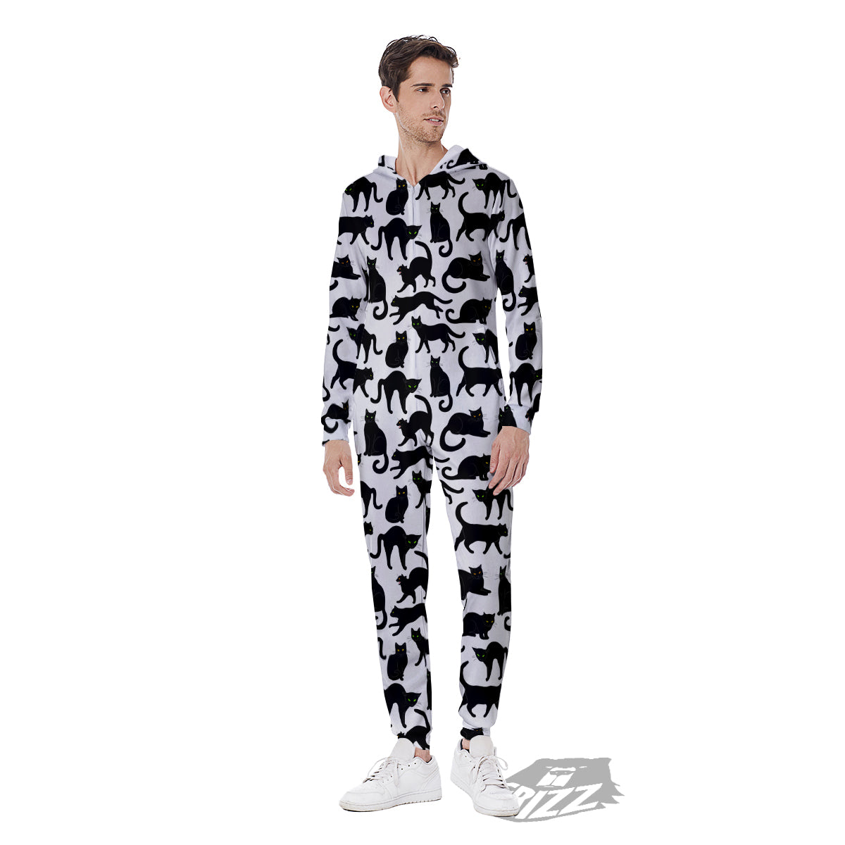 Black Cat And White Print Pattern Men's Jumpsuit-grizzshop