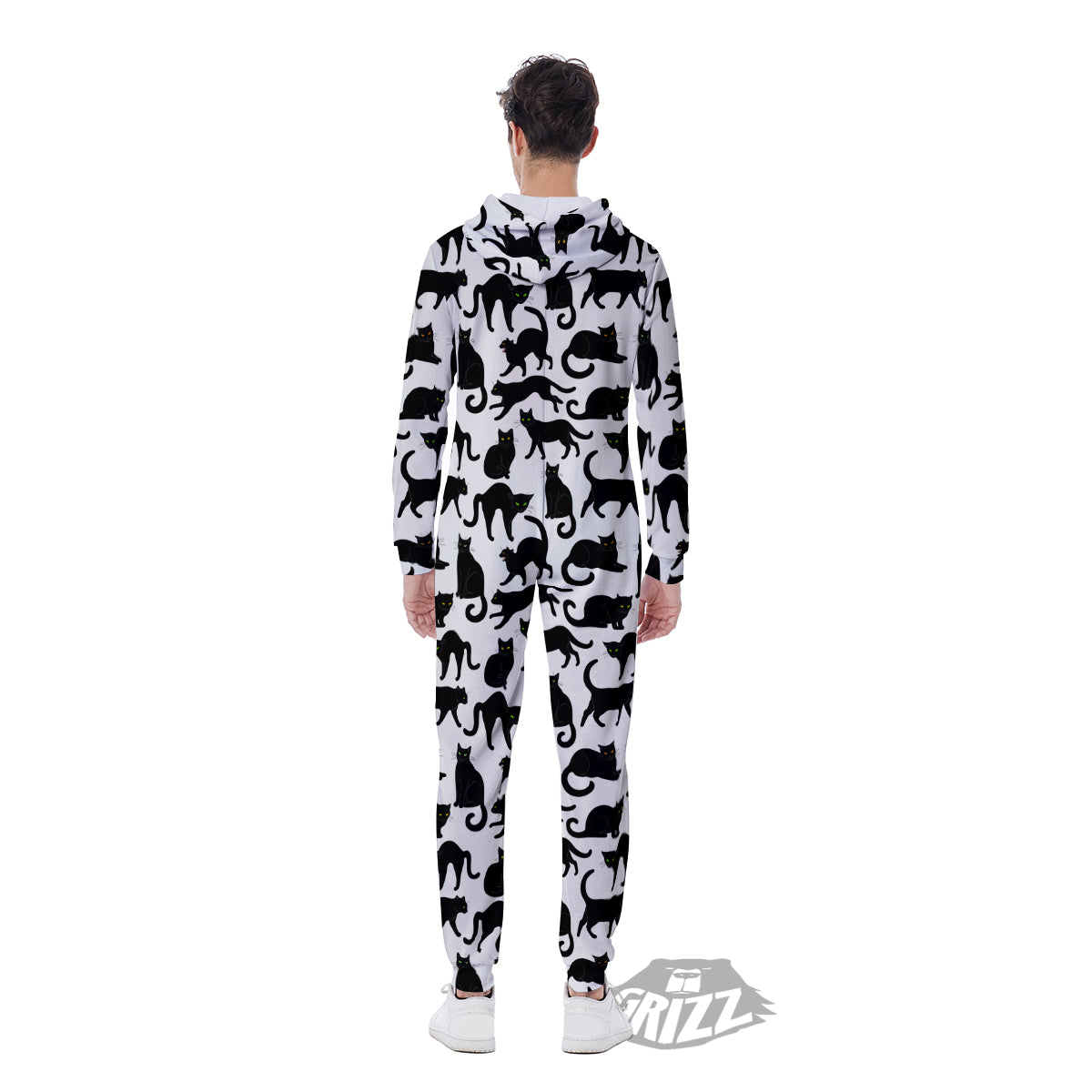 Black Cat And White Print Pattern Men's Jumpsuit-grizzshop