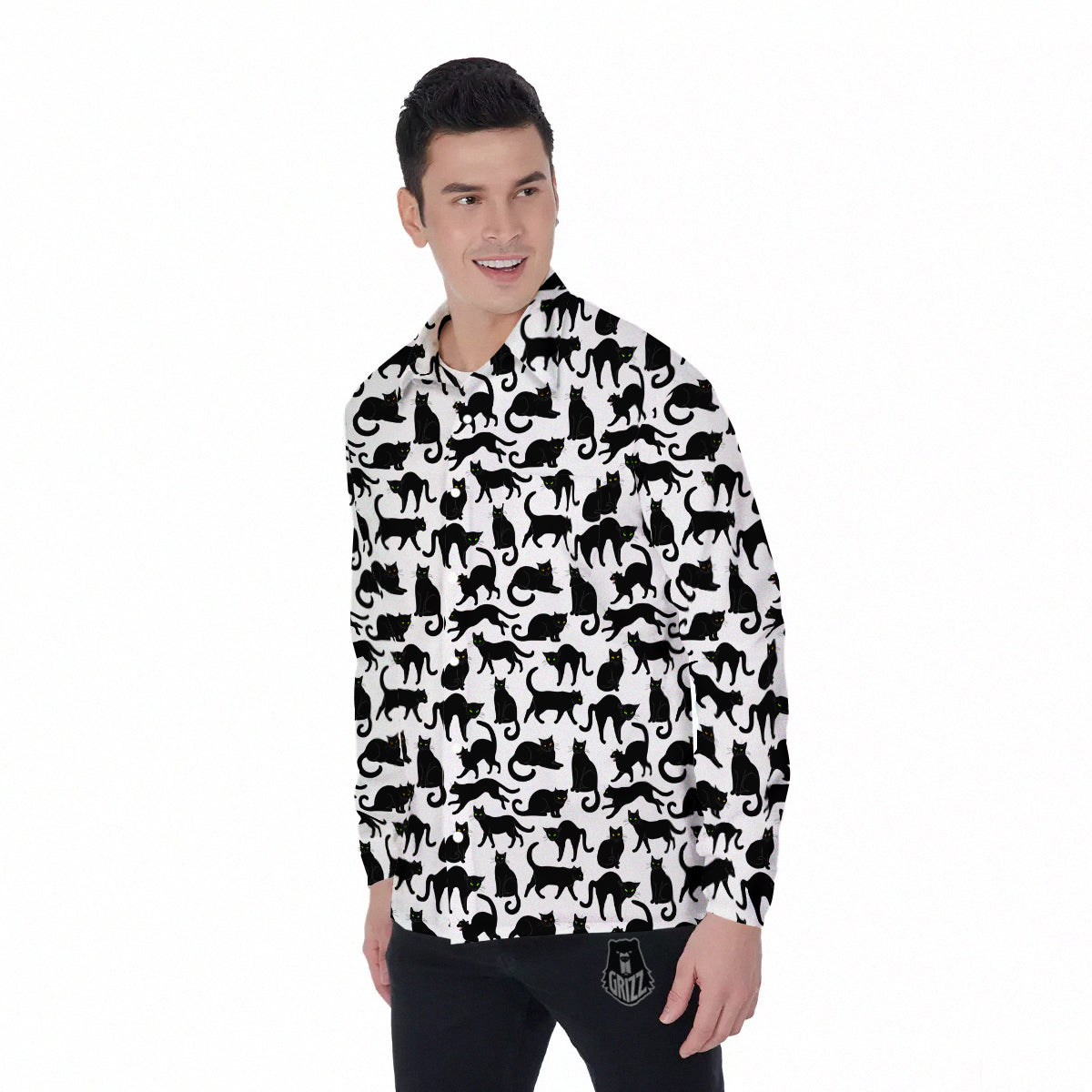 Black Cat And White Print Pattern Men's Long Sleeve Shirts-grizzshop