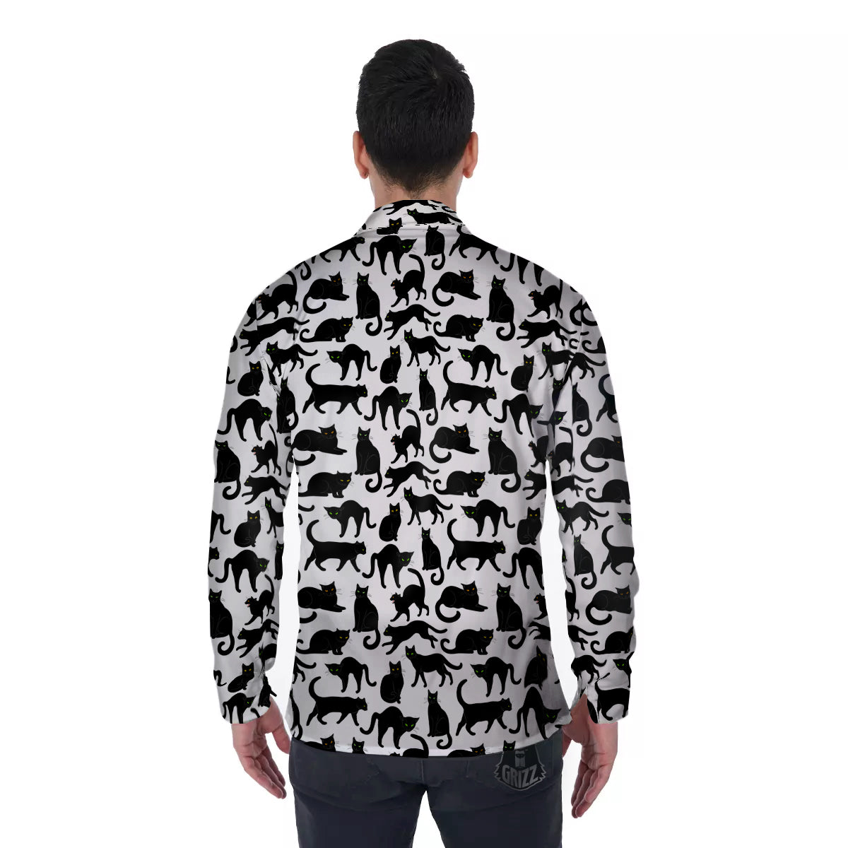 Black Cat And White Print Pattern Men's Long Sleeve Shirts-grizzshop