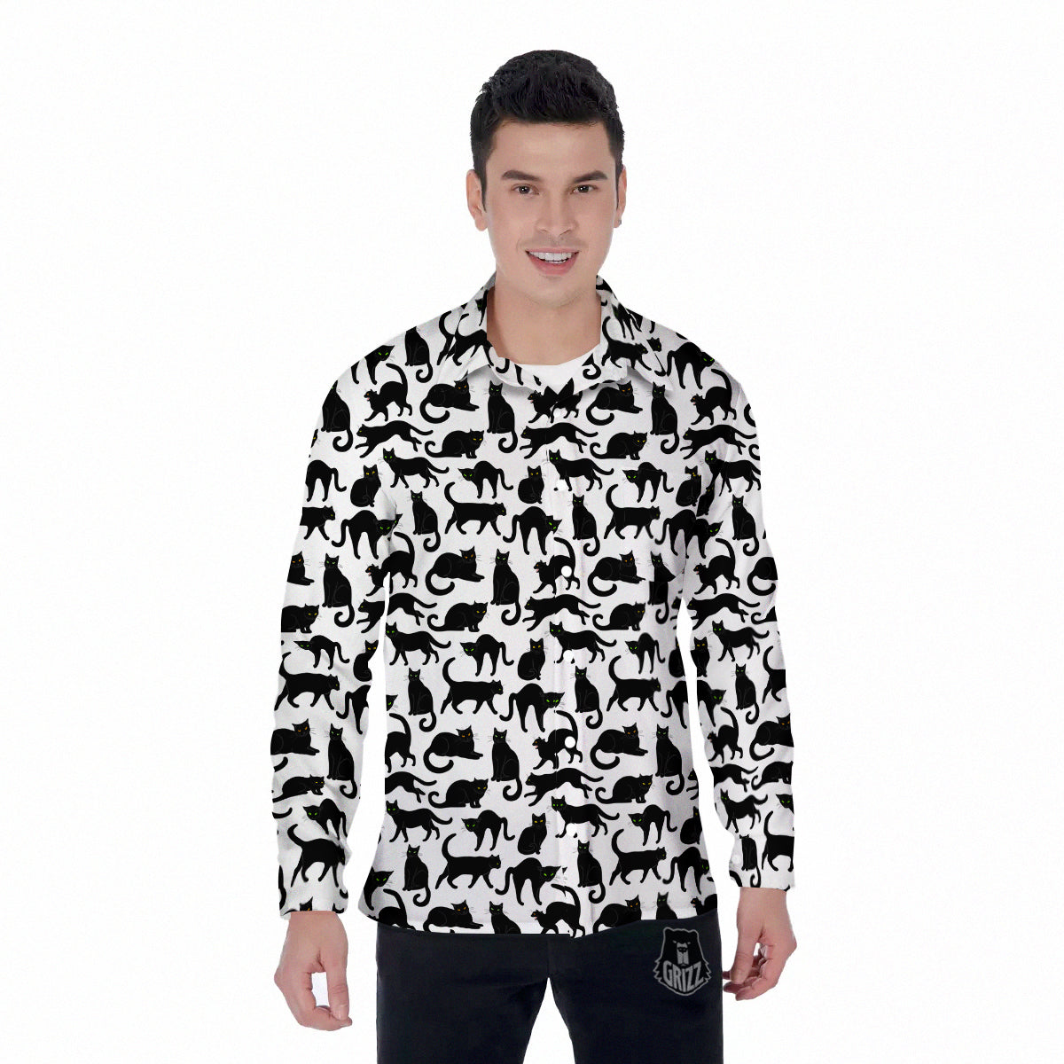 Black Cat And White Print Pattern Men's Long Sleeve Shirts-grizzshop