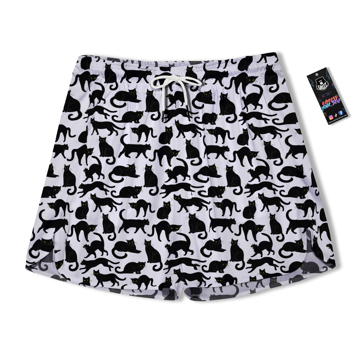Black Cat And White Print Pattern Men's Running Shorts-grizzshop