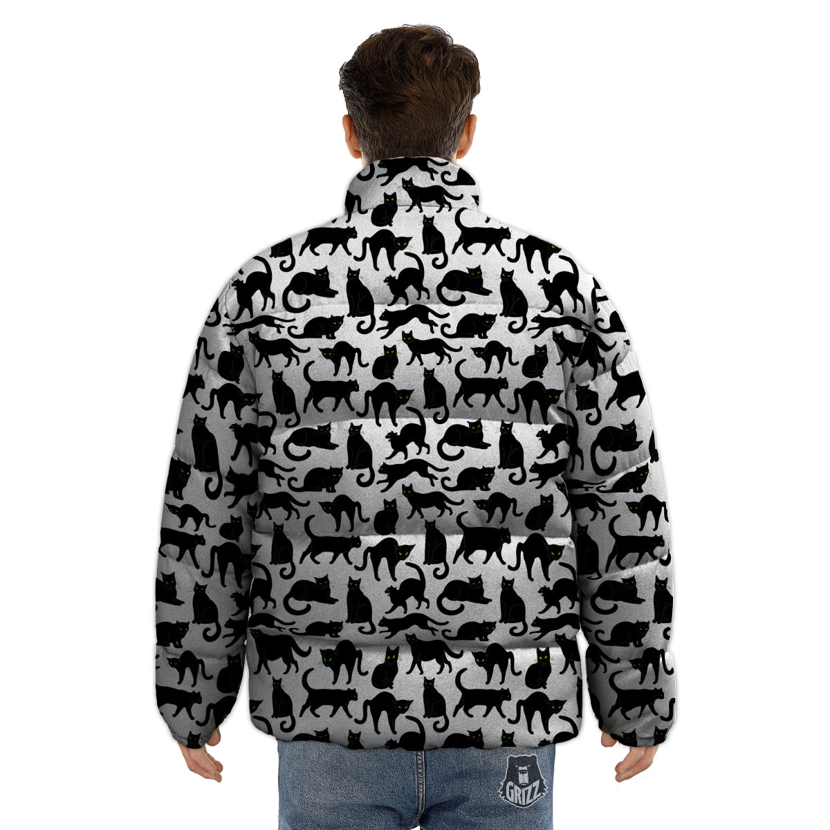 Black Cat And White Print Pattern Puffer Jacket-grizzshop