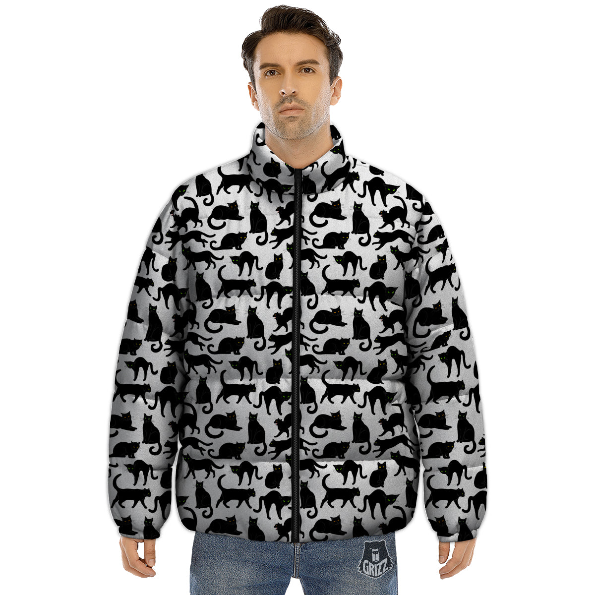 Black Cat And White Print Pattern Puffer Jacket-grizzshop