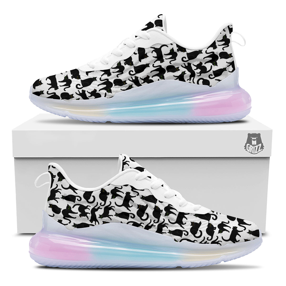 Black Cat And White Print Pattern Running Sneakers-grizzshop