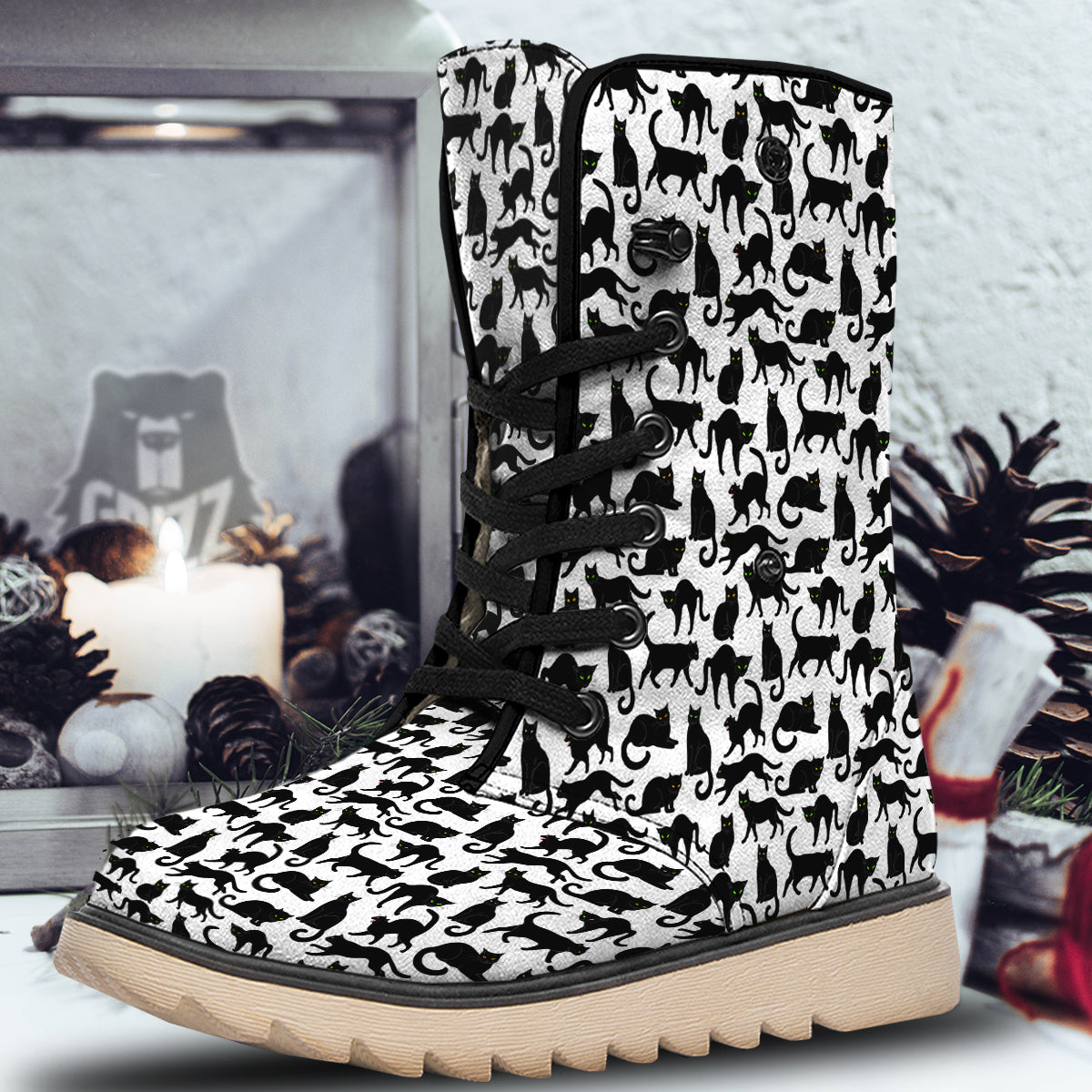 Black Cat And White Print Pattern Snow Boots-grizzshop