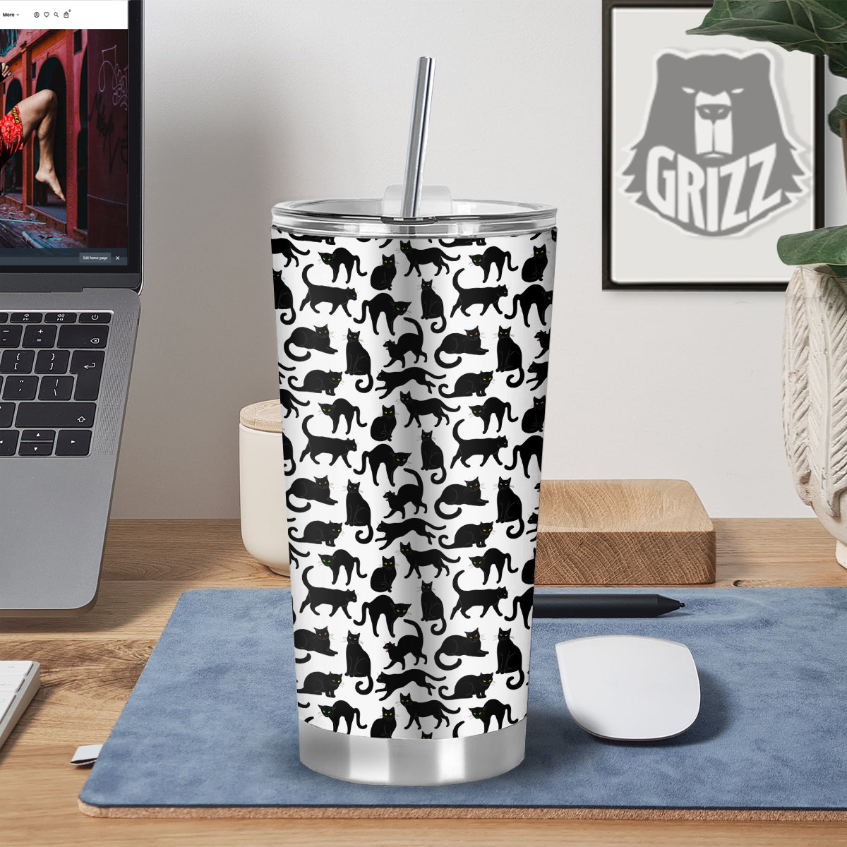 Black Cat And White Print Pattern Tumbler-grizzshop