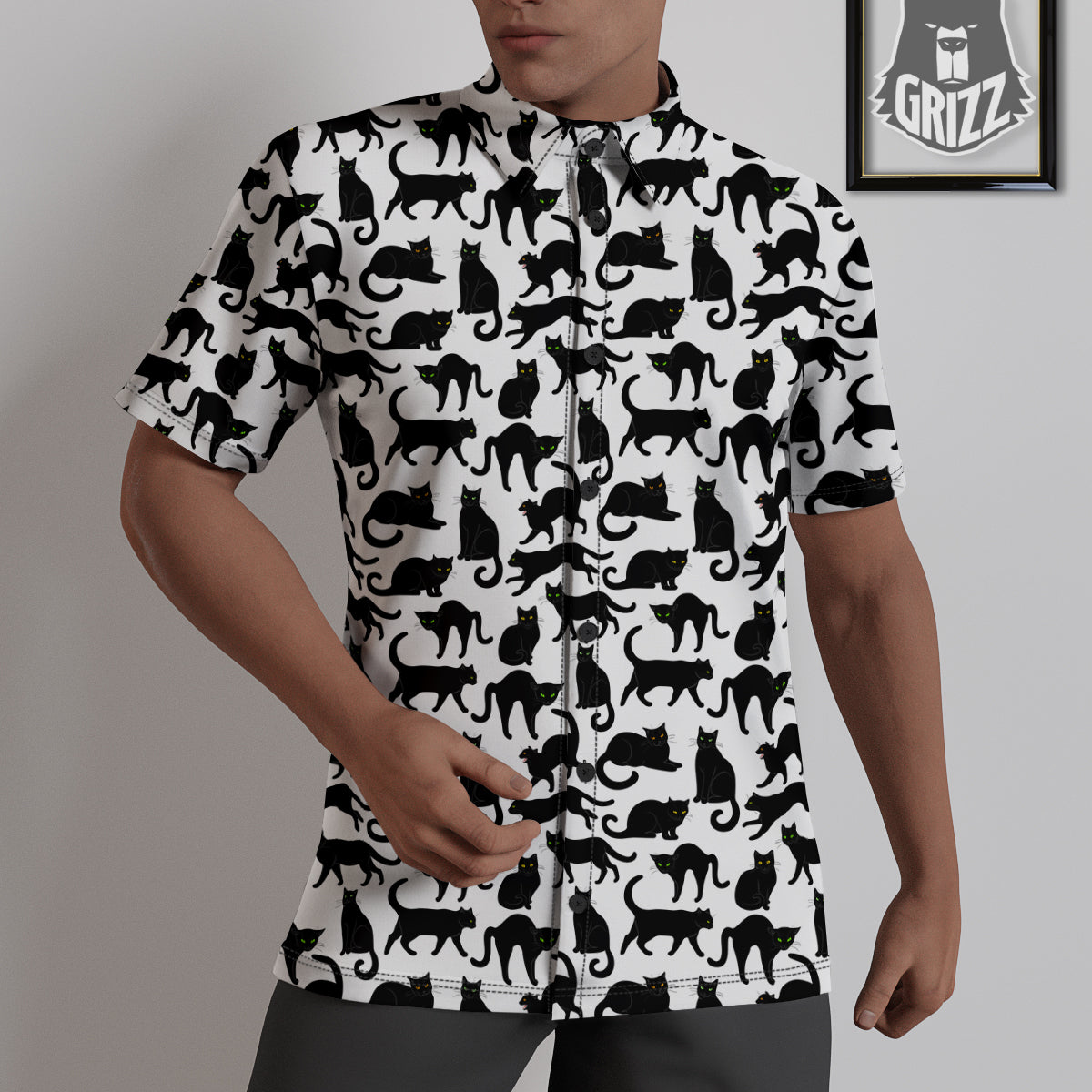 Black Cat And White Print Pattern Untucked Shirts-grizzshop