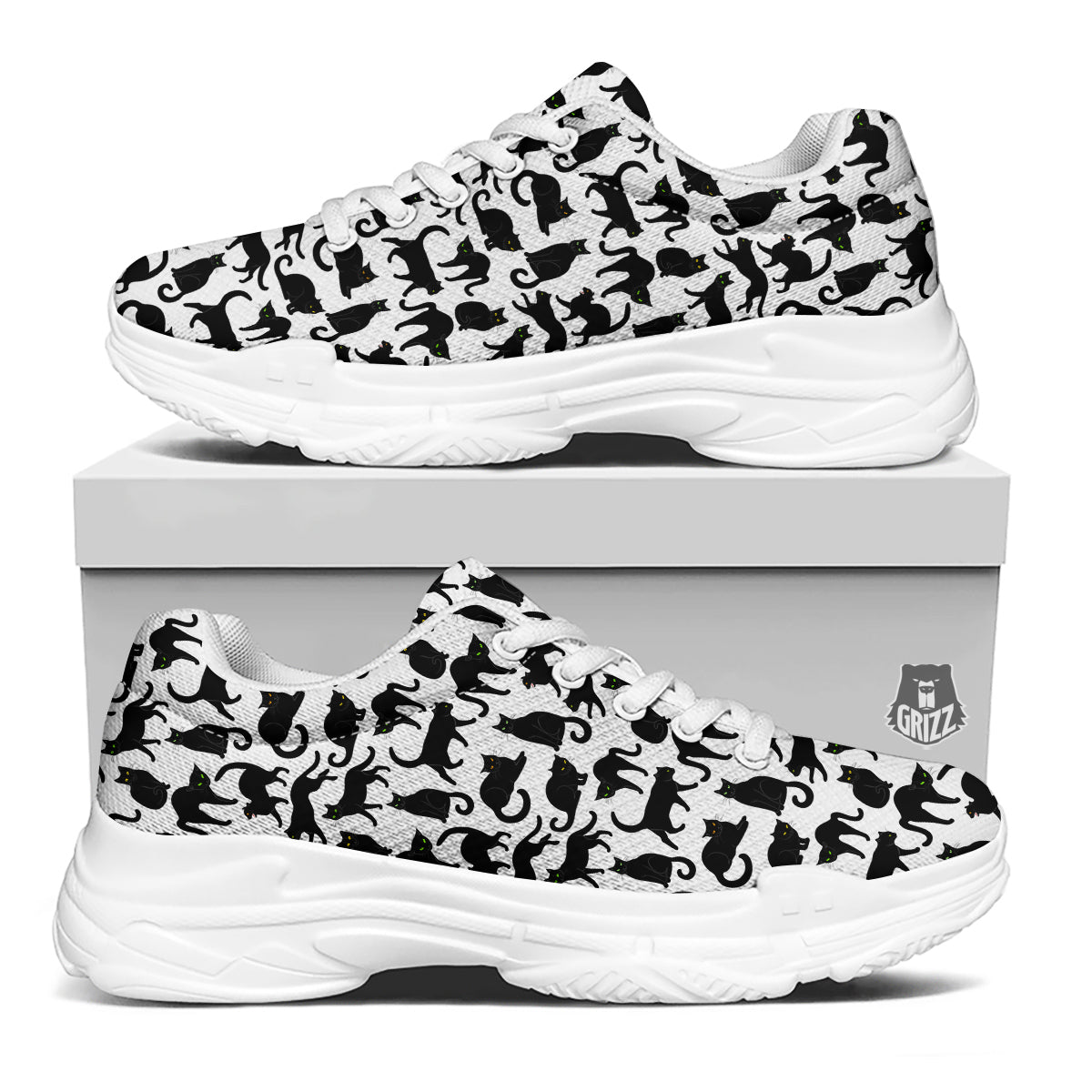 Black Cat And White Print Pattern White Chunky Shoes-grizzshop