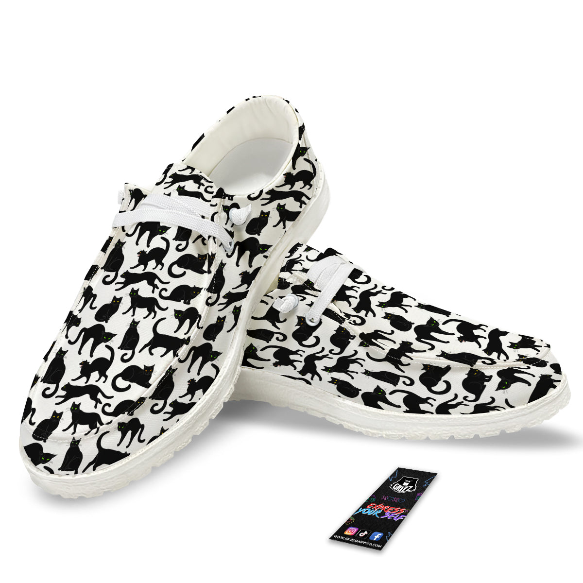 Black Cat And White Print Pattern White Loafers-grizzshop