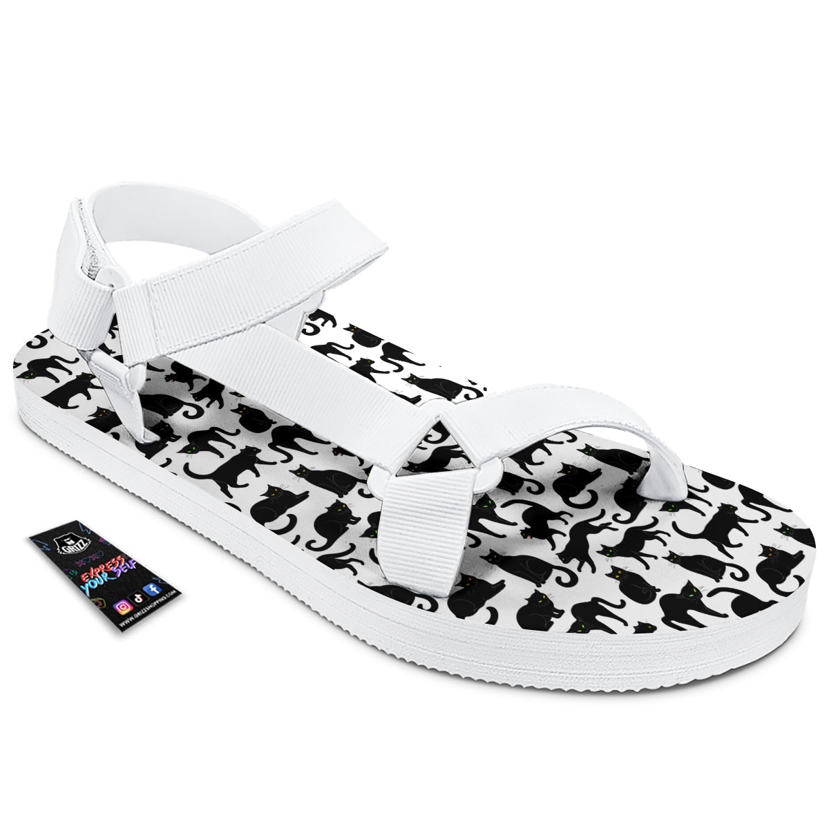 Black Cat And White Print Pattern White Open Toe Sandals-grizzshop