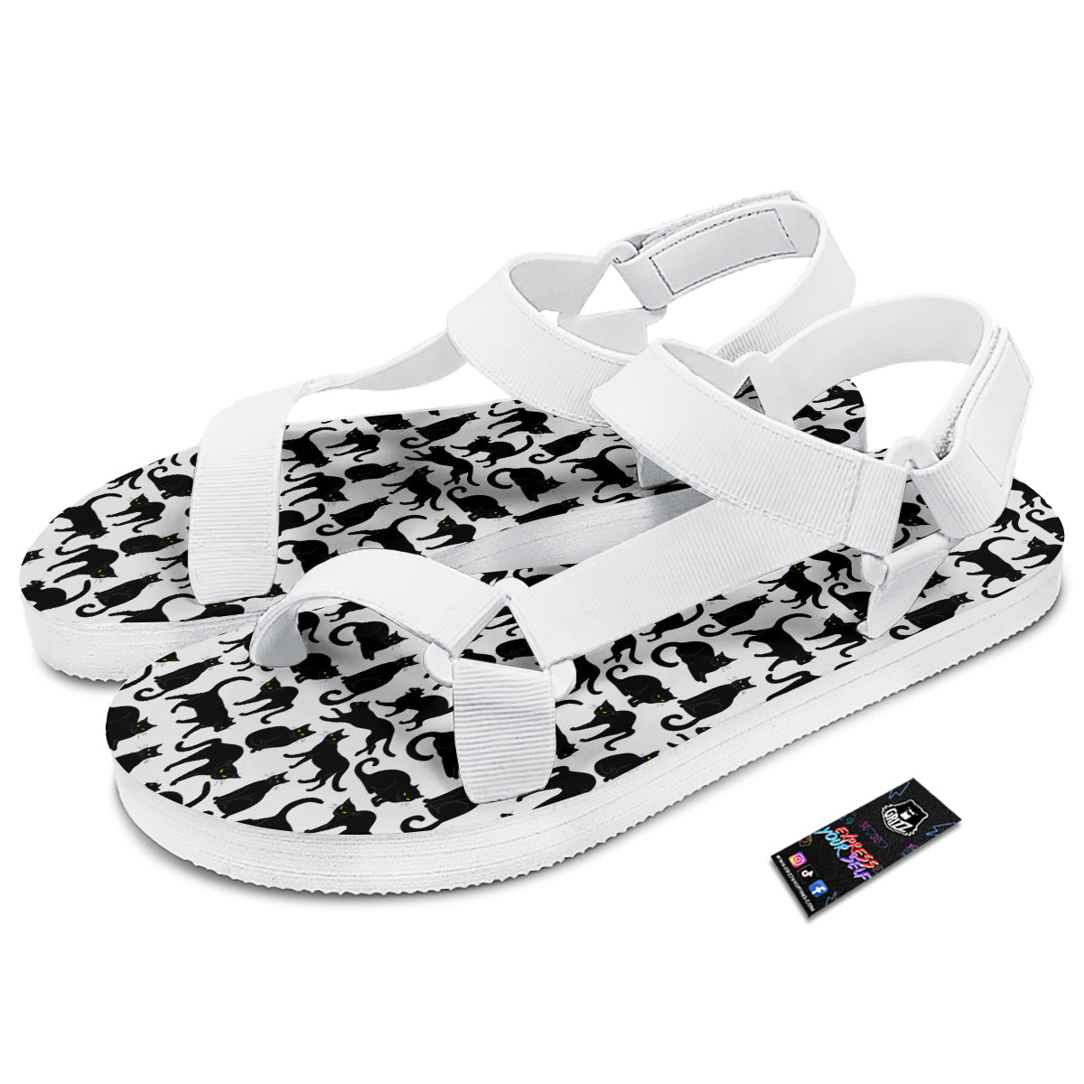 Black Cat And White Print Pattern White Open Toe Sandals-grizzshop