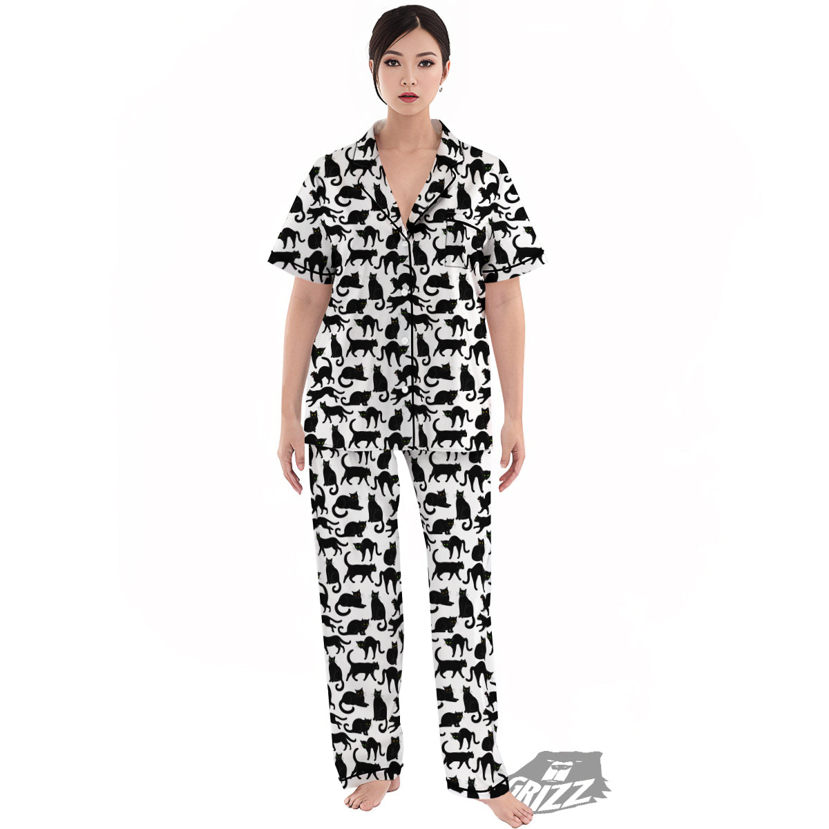 Black Cat And White Print Pattern Women's Pajamas Set-grizzshop