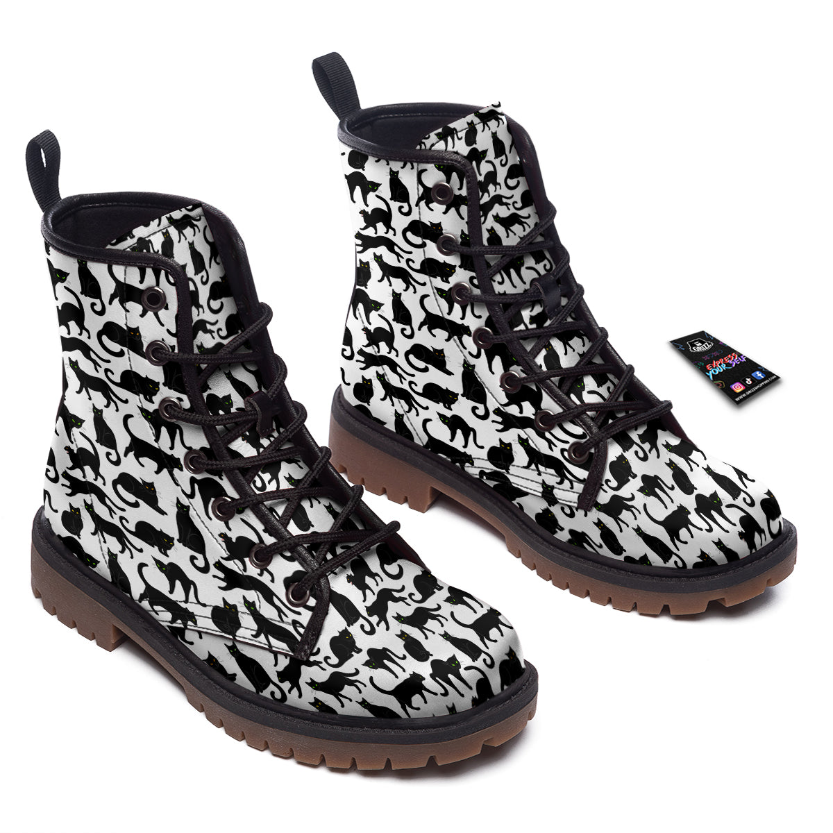 Black Cat And White Print Pattern Work Boots-grizzshop