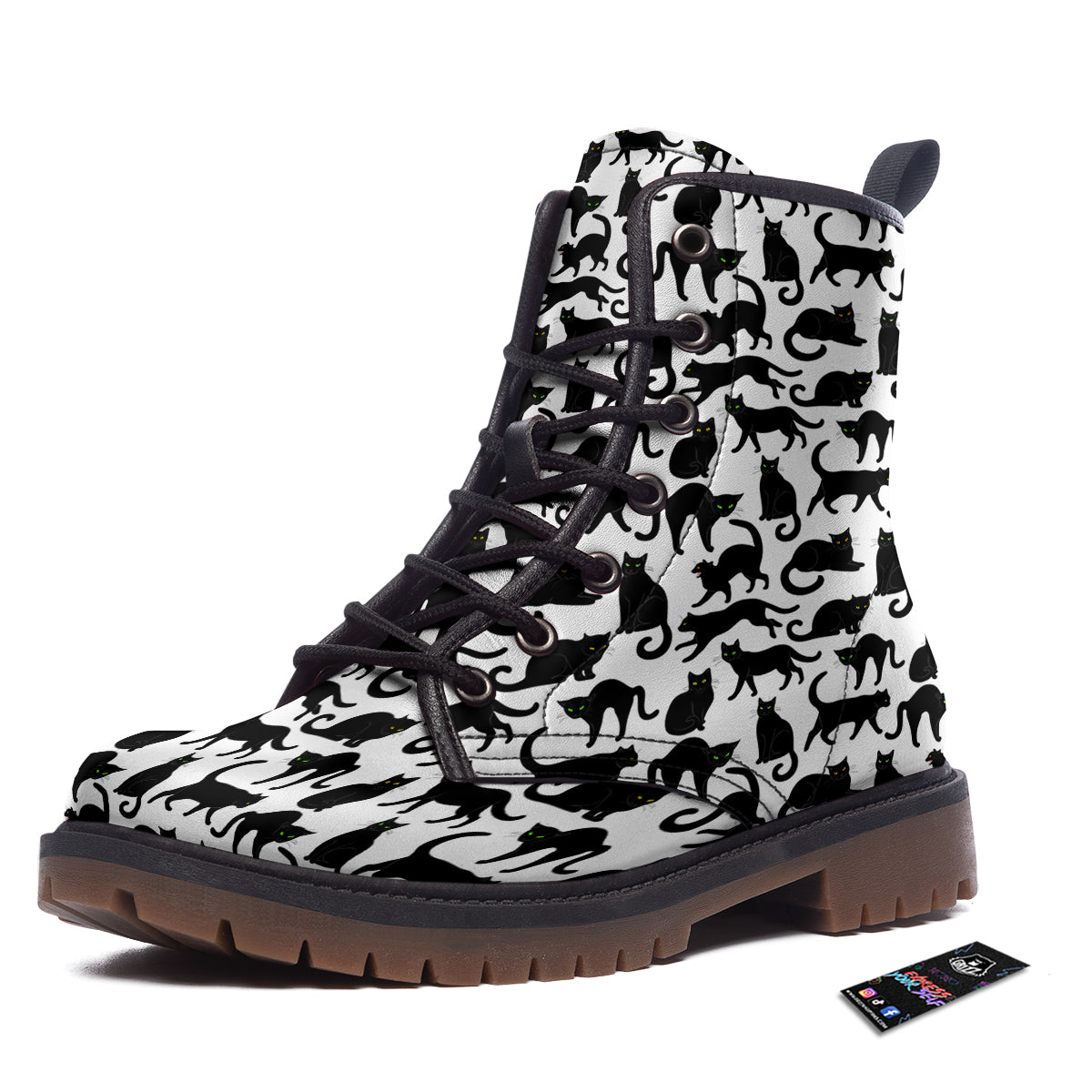 Black Cat And White Print Pattern Work Boots-grizzshop