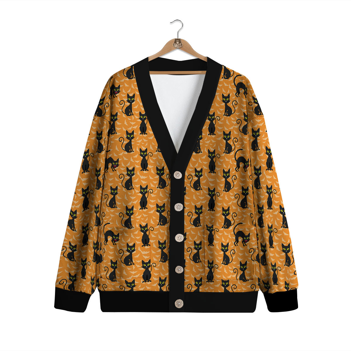 Black Cat Halloween Print Pattern Cardigan-grizzshop