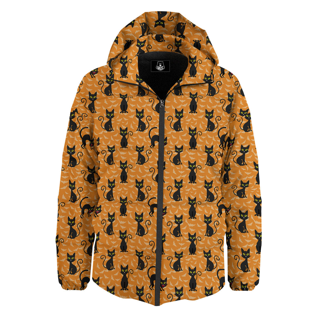 Black Cat Halloween Print Pattern Down Jacket-grizzshop