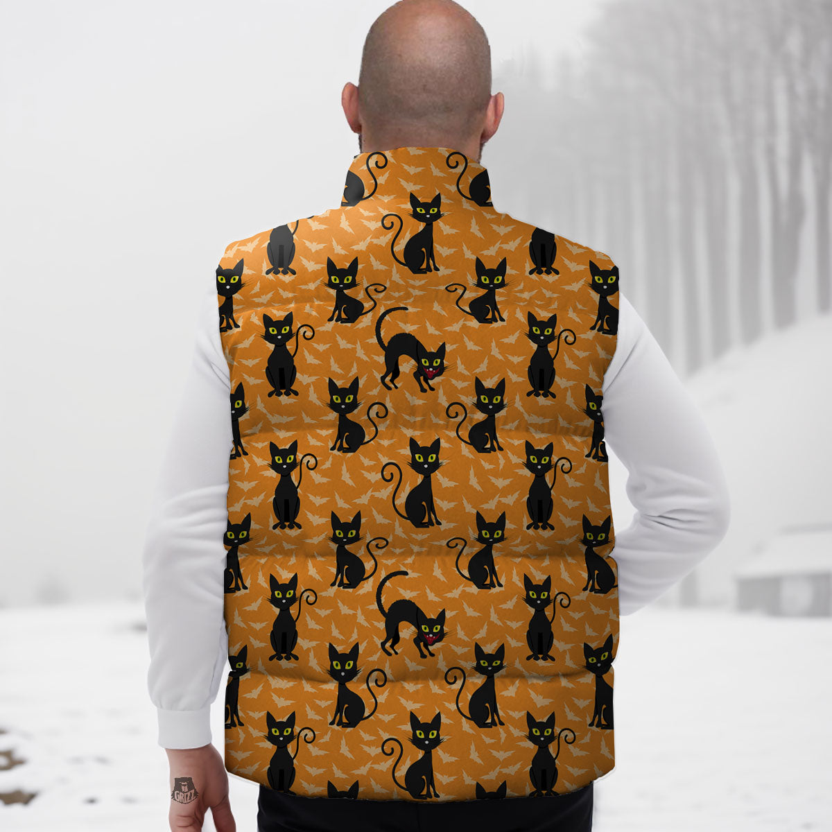 Black Cat Halloween Print Pattern Down Vest