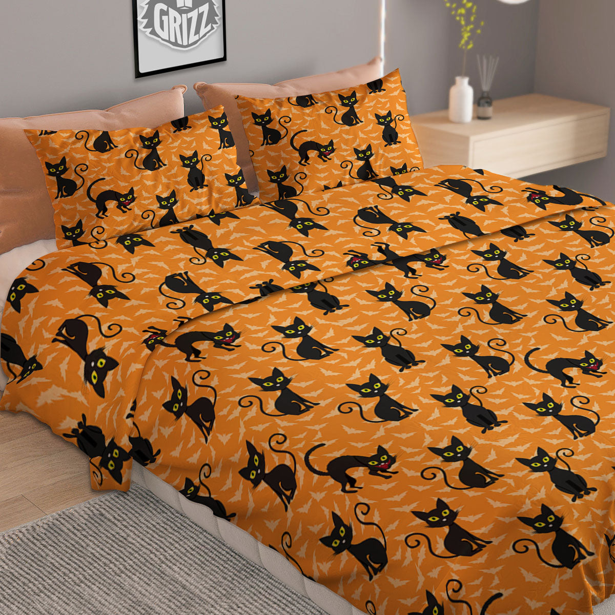 Black Cat Halloween Print Pattern Duvet Cover Bedding Set