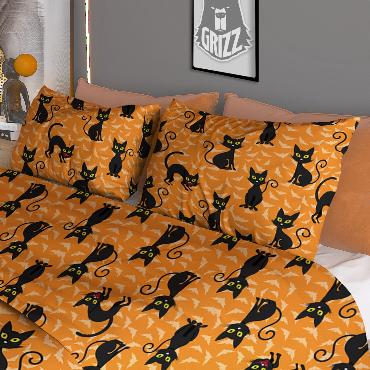 Black Cat Halloween Print Pattern Duvet Cover Bedding Set