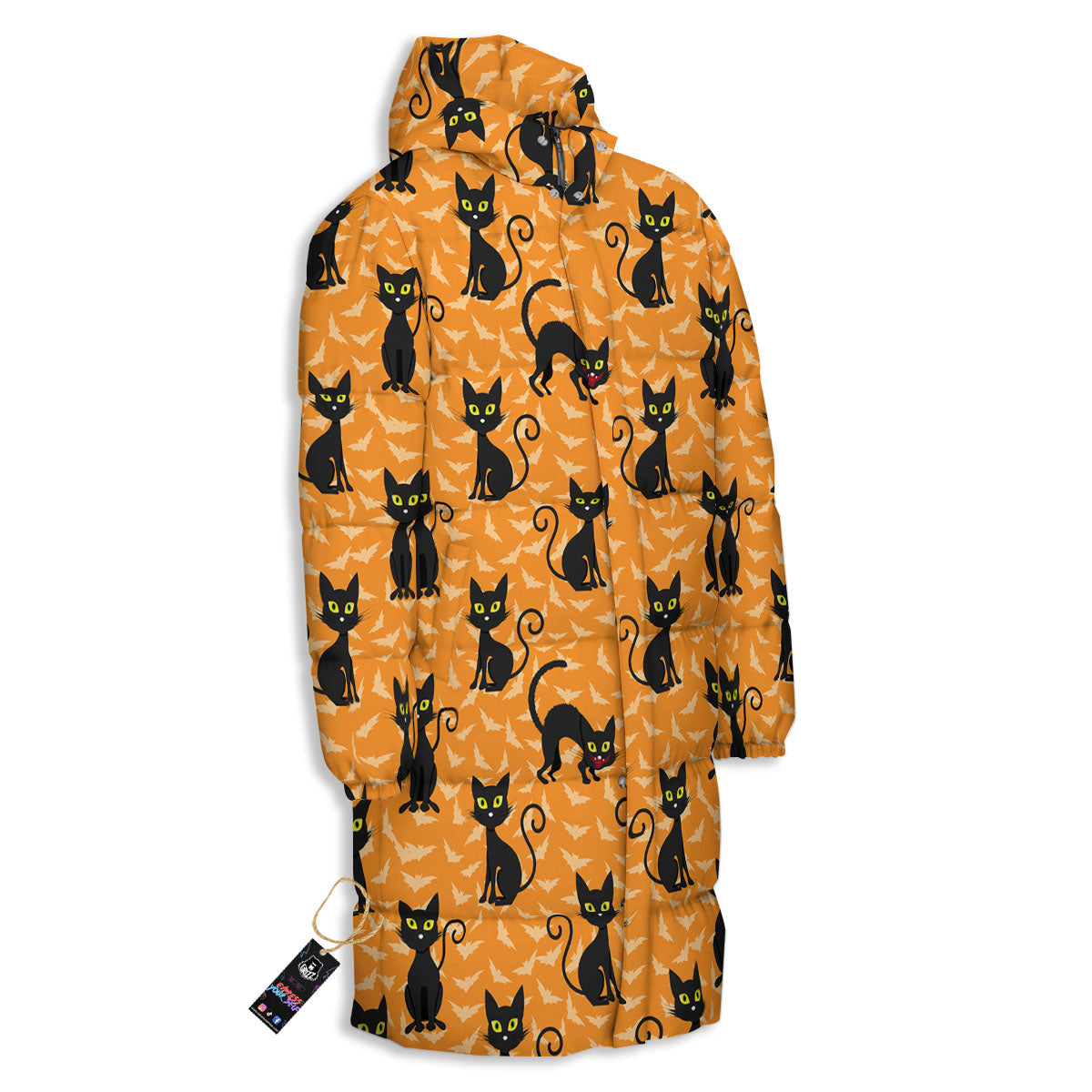 Black Cat Halloween Print Pattern Long Down Jacket-grizzshop