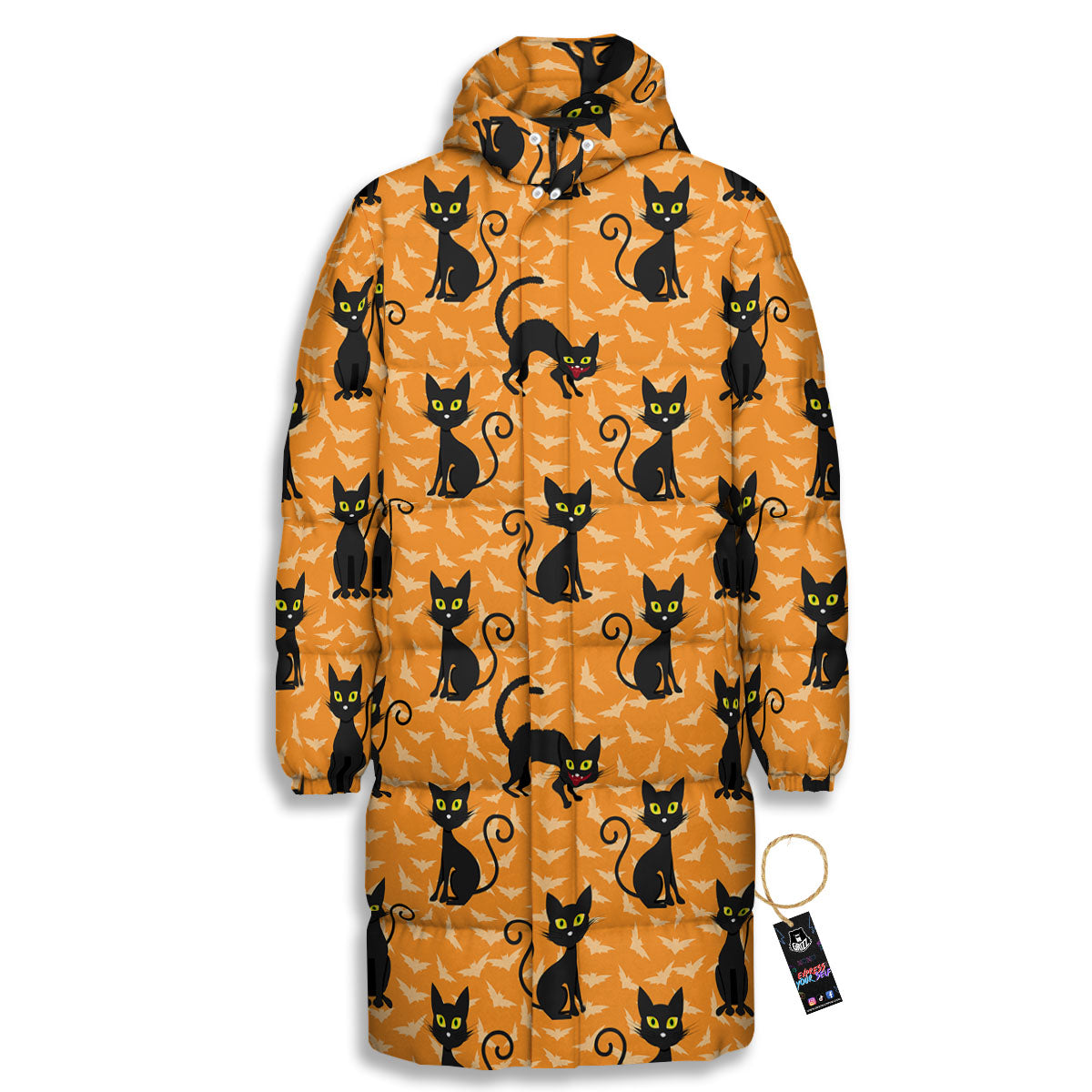 Black Cat Halloween Print Pattern Long Down Jacket-grizzshop